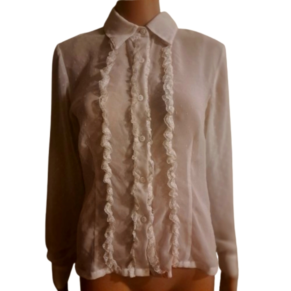 Vtg 90's/ Y2K Yves St Claire Ivory Sheer Ruffled Button Front Blouse Sz Small